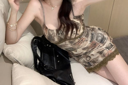 Spaghetti Lace Print Mini Strap Trim Bodycon Dress