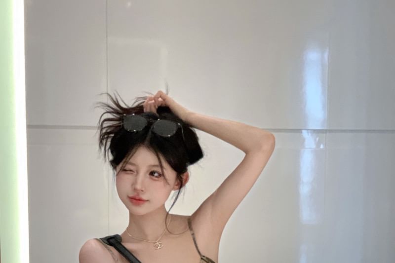 Spaghetti Lace Print Mini Strap Trim Bodycon Dress