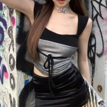 Tank Neck Fit Slim Top Square Bow Tone Crop Two