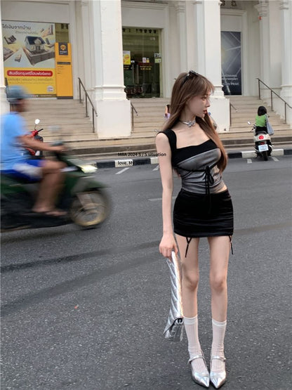 Tank Neck Fit Slim Top Square Bow Tone Crop Two