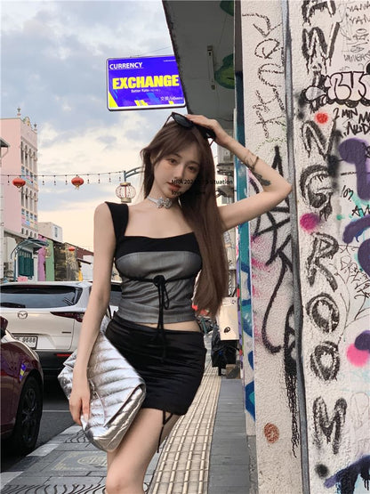 Tank Neck Fit Slim Top Square Bow Tone Crop Two