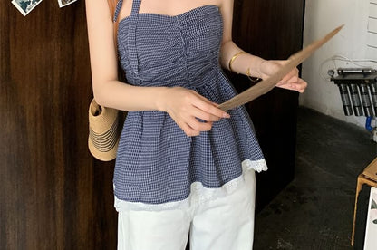 Tube Trim Peplum Lace Ruched Plaid Top