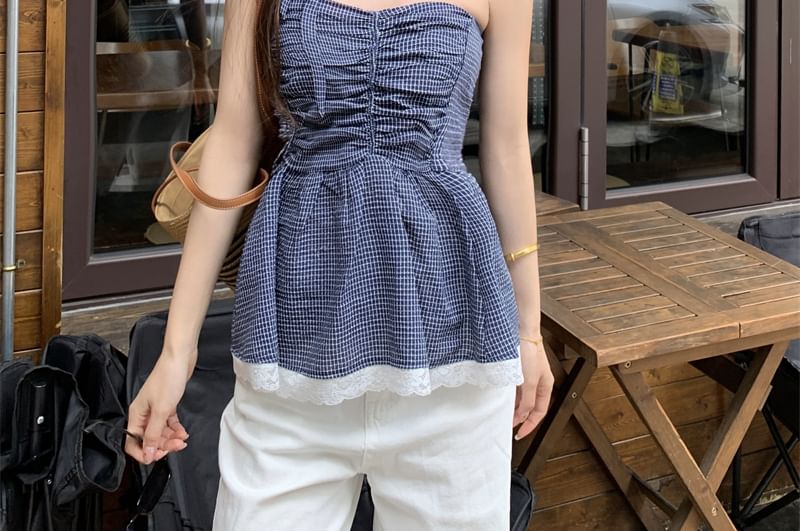 Tube Trim Peplum Lace Ruched Plaid Top