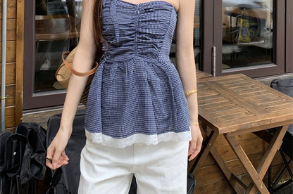 Tube Trim Peplum Lace Ruched Plaid Top