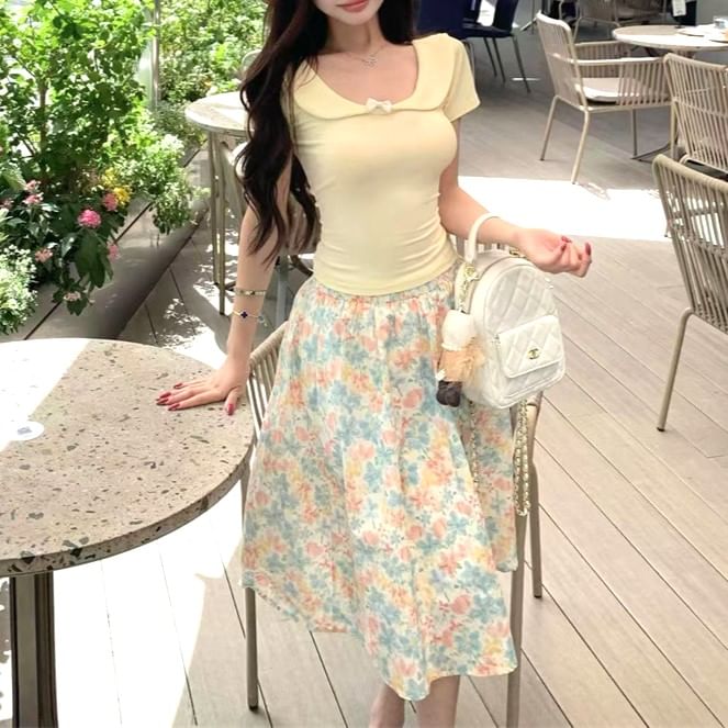 Neck / T-Shirt Scoop Floral Short-Sleeve Waist Bow Skirt Elastic Fit Slim Midi A-Line