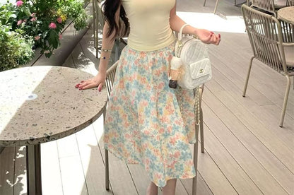 Neck / T-Shirt Scoop Floral Short-Sleeve Waist Bow Skirt Elastic Fit Slim Midi A-Line