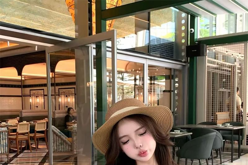 Neck / T-Shirt Scoop Floral Short-Sleeve Waist Bow Skirt Elastic Fit Slim Midi A-Line