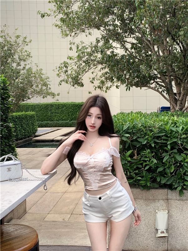 Lace Fit Slim Camisole Panel Bow Crop Top