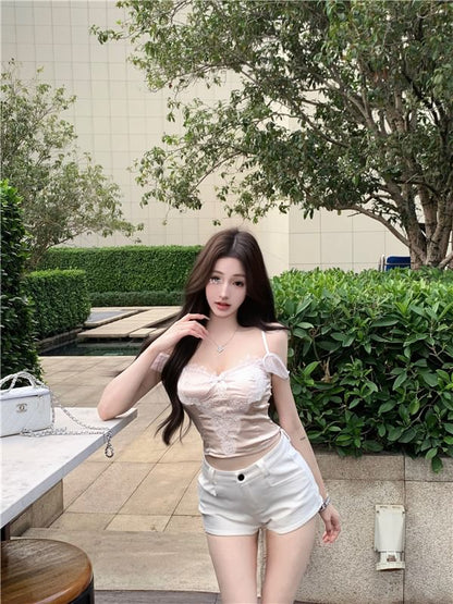 Lace Fit Slim Camisole Panel Bow Crop Top