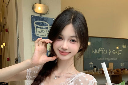 Fit Lace Pintuck Blouse Off-Shoulder Cap-Sleeve Panel Slim