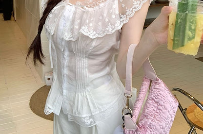 Fit Lace Pintuck Blouse Off-Shoulder Cap-Sleeve Panel Slim