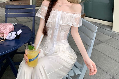 Fit Lace Pintuck Blouse Off-Shoulder Cap-Sleeve Panel Slim