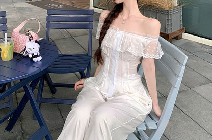 Fit Lace Pintuck Blouse Off-Shoulder Cap-Sleeve Panel Slim