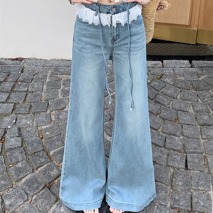 Flared Washed Panel Rise Jeans Lace High