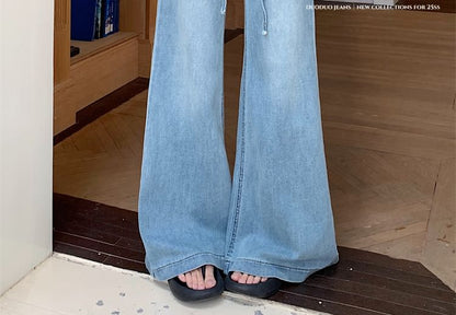 Flared Washed Panel Rise Jeans Lace High