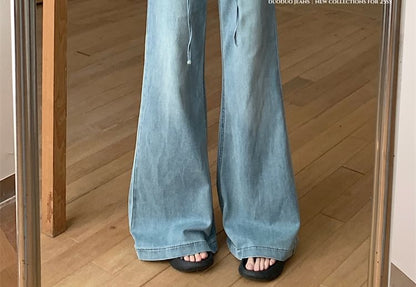 Flared Washed Panel Rise Jeans Lace High