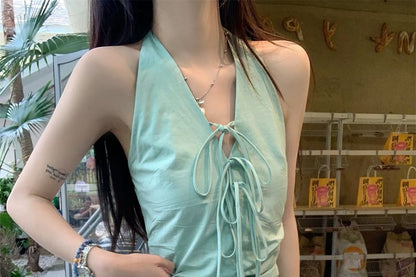 Mini Skirt Plain V-Neck Bow Halter A-Line Bubble Hem