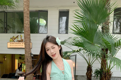 Mini Skirt Plain V-Neck Bow Halter A-Line Bubble Hem