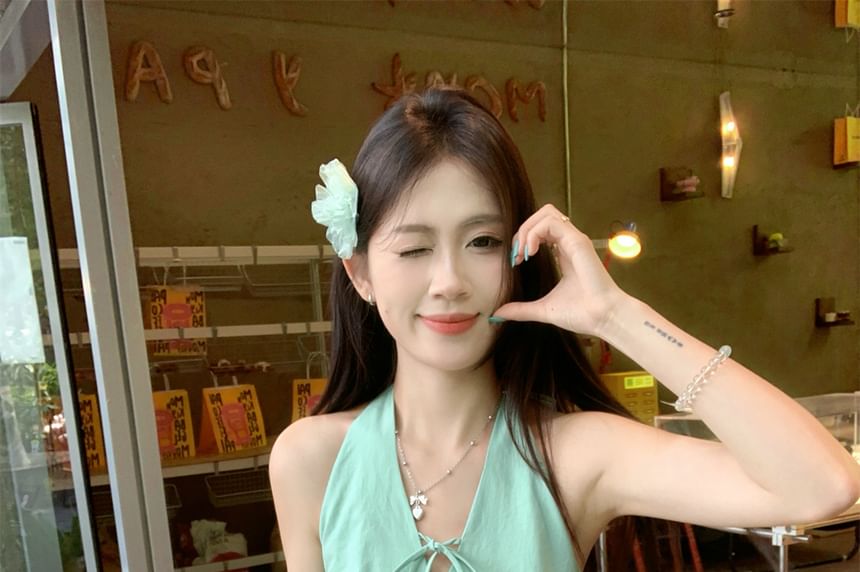 Mini Skirt Plain V-Neck Bow Halter A-Line Bubble Hem