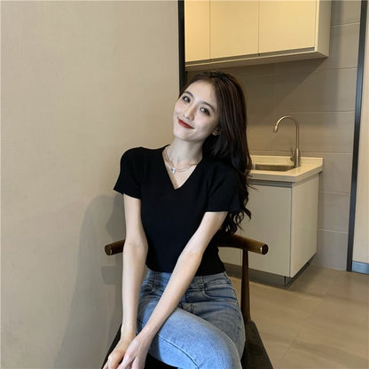 Short-Sleeve Crop V-Neck Tee Asymmetrical Plain Ribbed