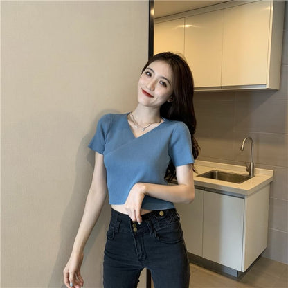 Short-Sleeve Crop V-Neck Tee Asymmetrical Plain Ribbed