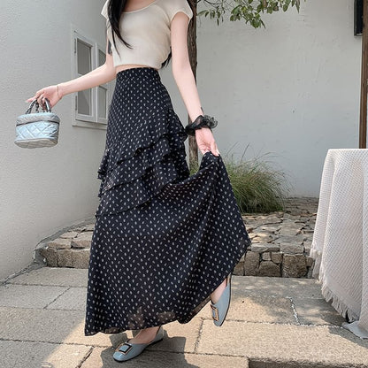 Tiered Waist Asymmetrical High A-Line Floral Skirt Midi