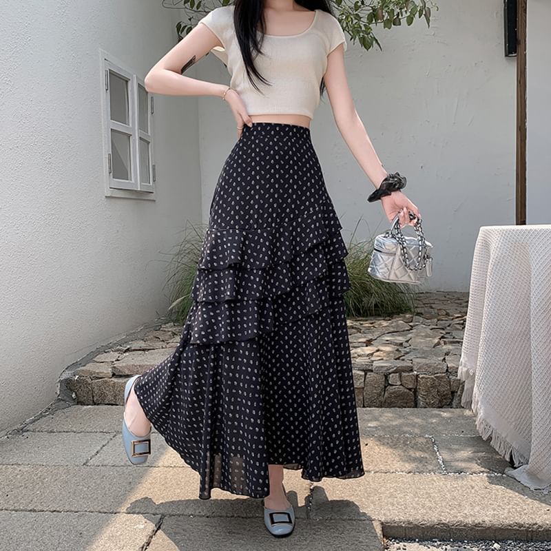 Tiered Waist Asymmetrical High A-Line Floral Skirt Midi