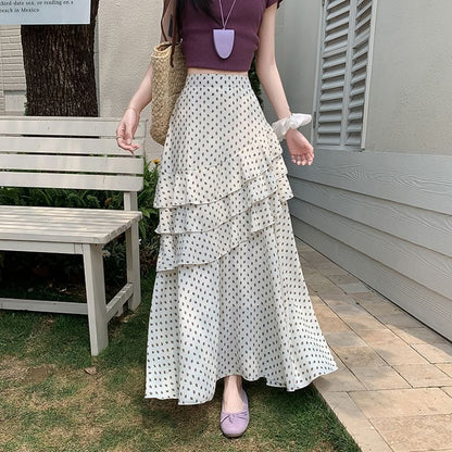 Tiered Waist Asymmetrical High A-Line Floral Skirt Midi