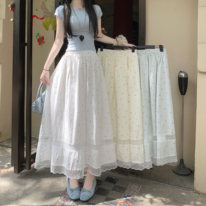 Panel Elastic Midi Floral Skirt A-Line Waist Lace