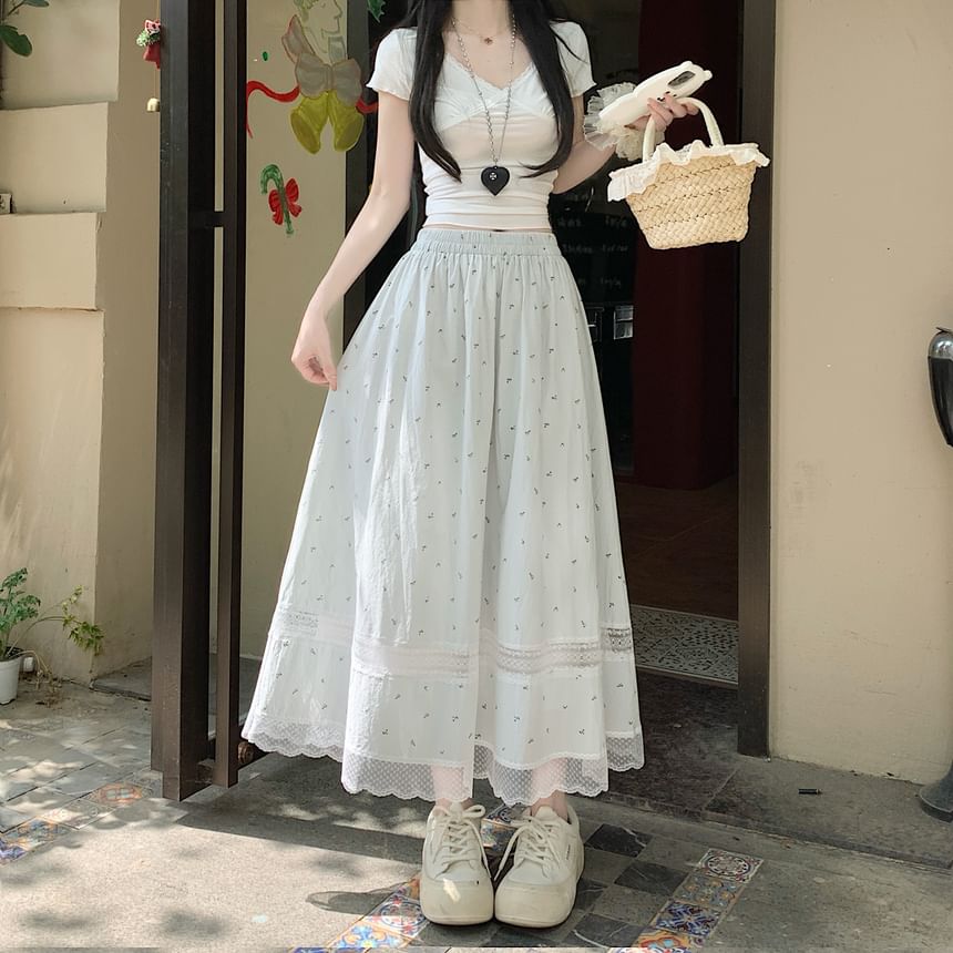 Panel Elastic Midi Floral Skirt A-Line Waist Lace