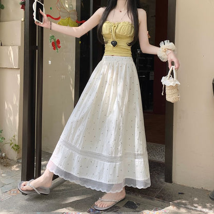 Panel Elastic Midi Floral Skirt A-Line Waist Lace