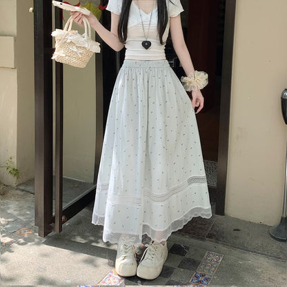 Panel Elastic Midi Floral Skirt A-Line Waist Lace