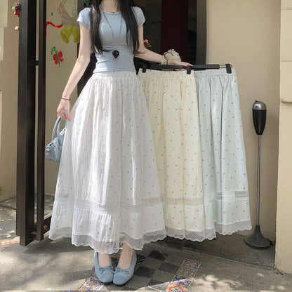 Panel Elastic Midi Floral Skirt A-Line Waist Lace