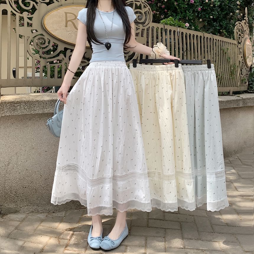 Panel Elastic Midi Floral Skirt A-Line Waist Lace