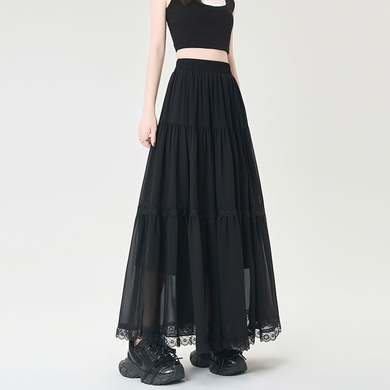 Midi Trim Plain Lace Skirt Tiered Elastic A-Line Waist