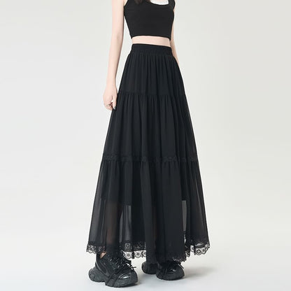 Midi Trim Plain Lace Skirt Tiered Elastic A-Line Waist
