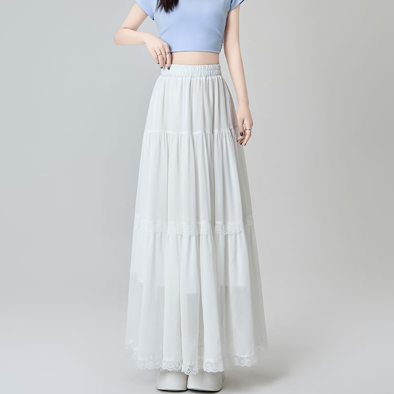 Midi Trim Plain Lace Skirt Tiered Elastic A-Line Waist