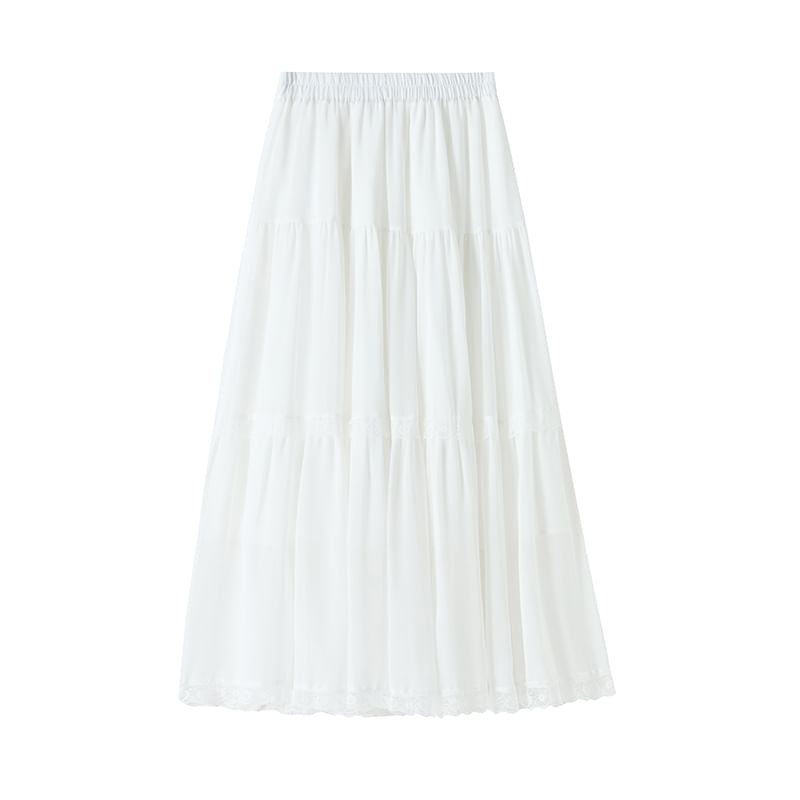 Midi Trim Plain Lace Skirt Tiered Elastic A-Line Waist