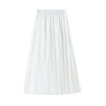 Midi Trim Plain Lace Skirt Tiered Elastic A-Line Waist