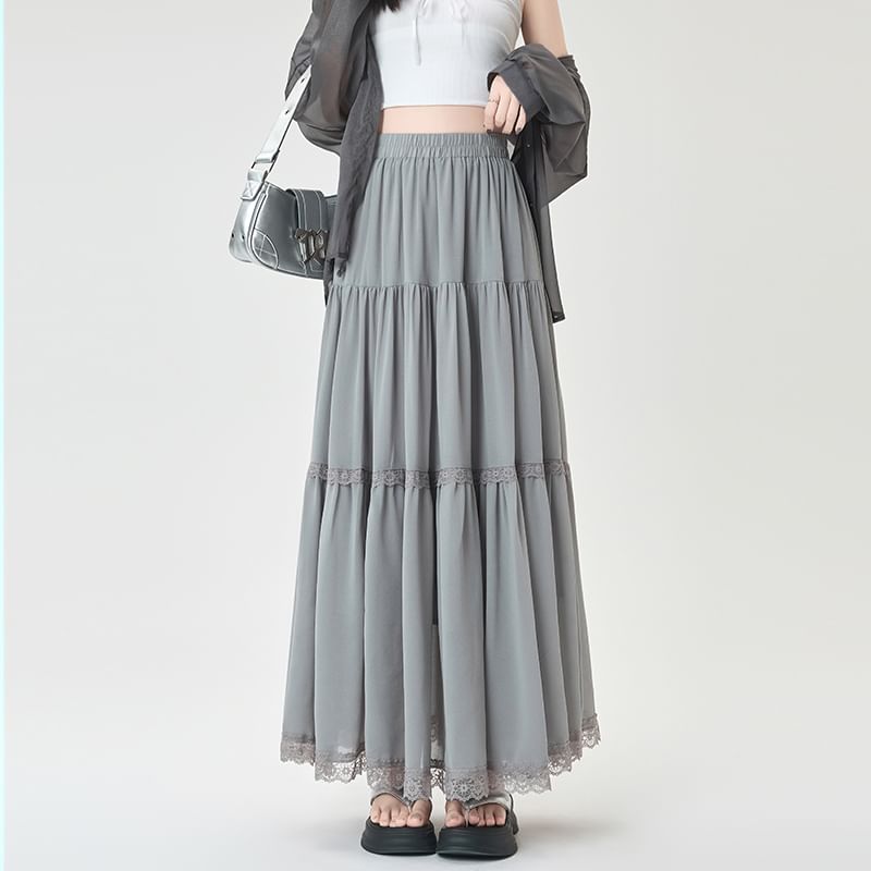 Midi Trim Plain Lace Skirt Tiered Elastic A-Line Waist