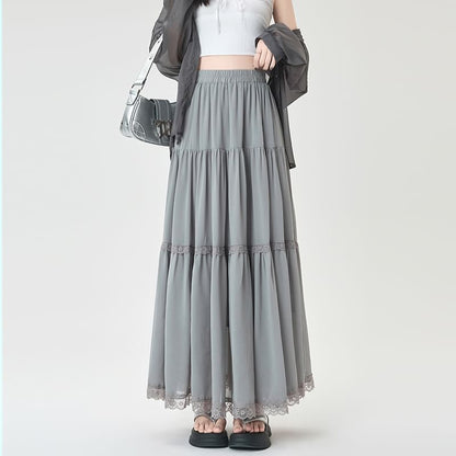 Midi Trim Plain Lace Skirt Tiered Elastic A-Line Waist