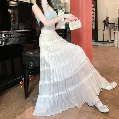 Midi Plain Tiered Mesh Skirt Waist Elastic A-Line