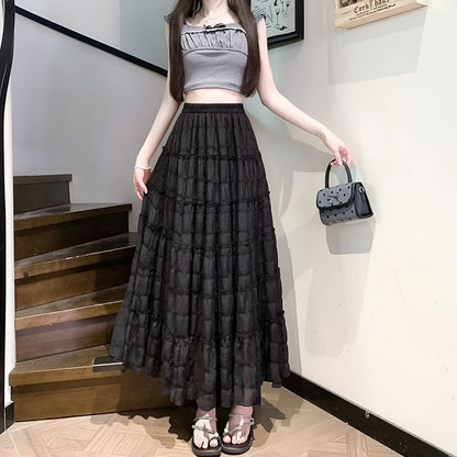 Midi Plain Tiered Mesh Skirt Waist Elastic A-Line