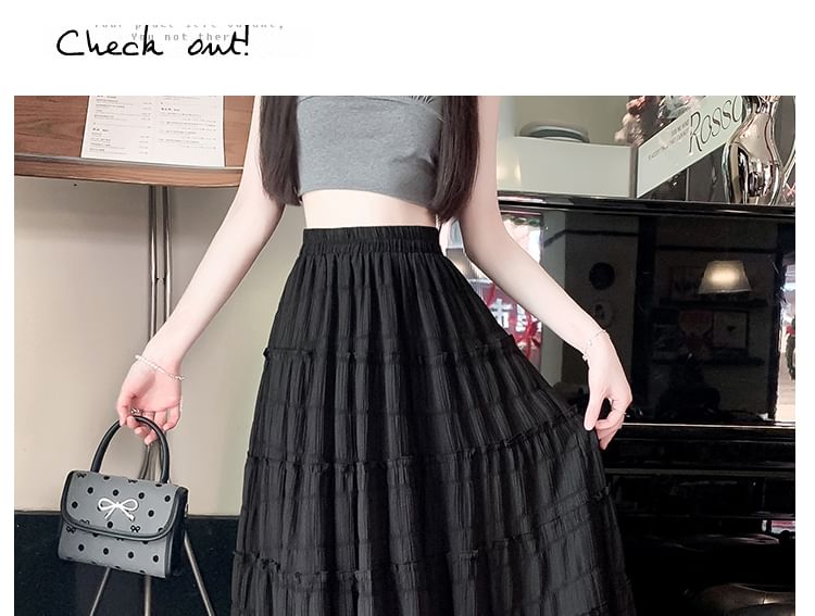 Midi Plain Tiered Mesh Skirt Waist Elastic A-Line