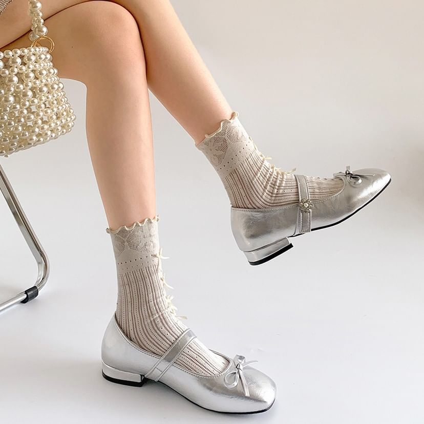 Toe Jane Mary Low Square Leather Bow Pumps Heel Faux