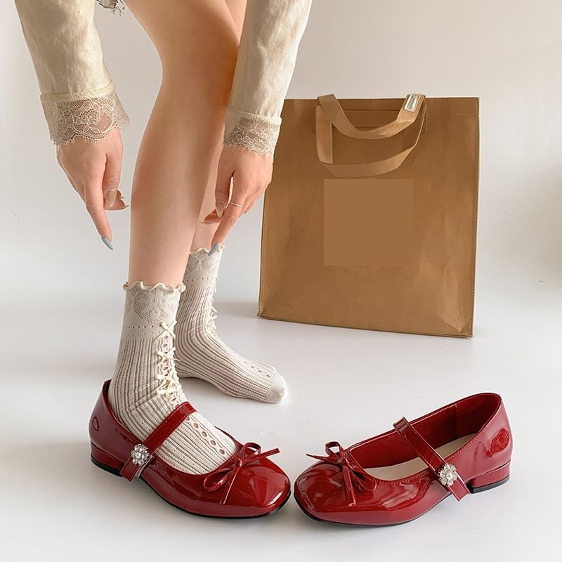 Toe Jane Mary Low Square Leather Bow Pumps Heel Faux