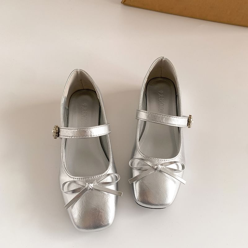 Toe Jane Mary Low Square Leather Bow Pumps Heel Faux