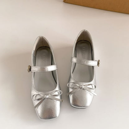 Toe Jane Mary Low Square Leather Bow Pumps Heel Faux