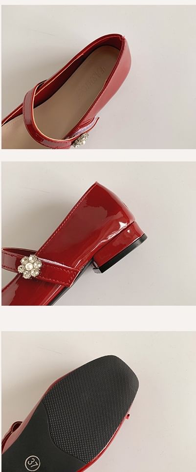 Toe Jane Mary Low Square Leather Bow Pumps Heel Faux