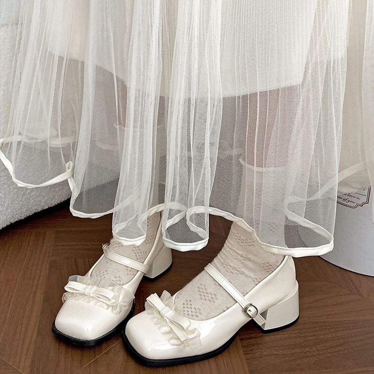 Heel Pumps Jane Toe Frill Square Chunky Trim Mary Bow